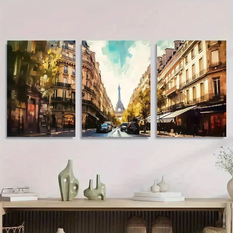 3pcs Street View with Eiffel Tower Metal Print Ready to Hang Art