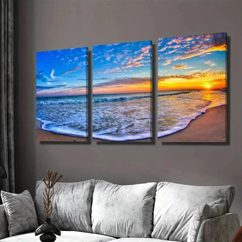 3pcs Beach Sunset Ocean With Dramatic Sky Wall Art Set Canvas Framed 40x60cm - High Quality Print 100% Australian Made Wall Canvas Ready to Hang