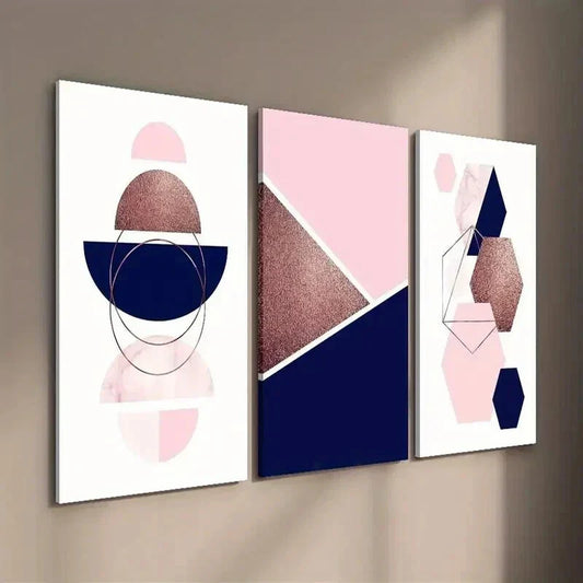 3pcs Geometric Navy & Pink Abstract Designs Wall Art Set Canvas Framed 40x60cm - High Quality Print 100% Australian Made Wall Canvas Ready to Hang