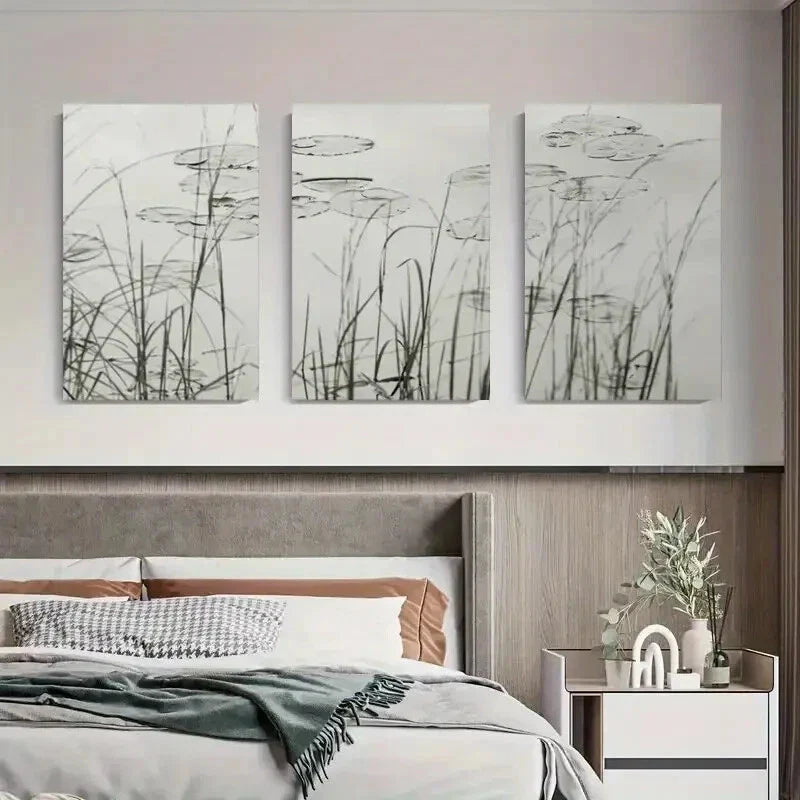 3pcs Minimalist Water Lilies & Grass Metal Print Ready to Hang Art