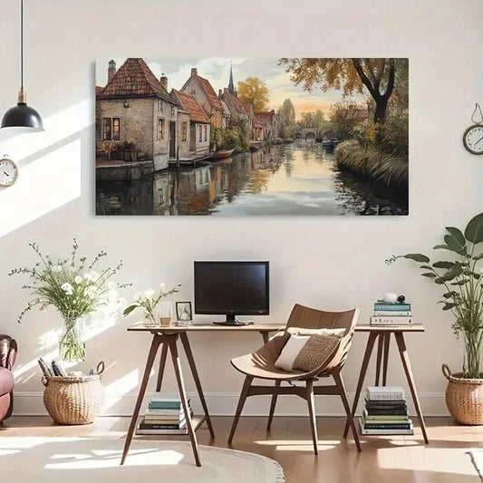 Autumn Canal Houses Peaceful Wall Art Canvas Office Home Room Framed 120x60cm