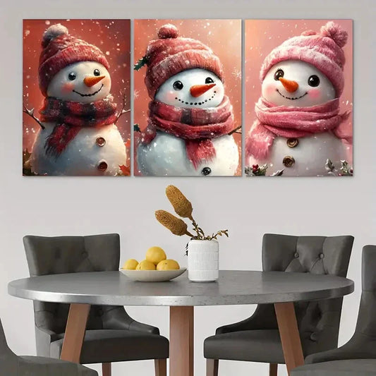 3pcs Christmas Red & White Sharp Nose Snowman Metal Print Ready to Hang Art