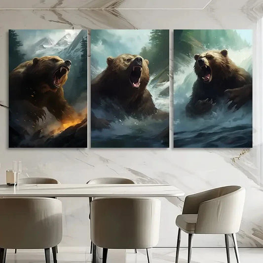 3pcs Bear Snowy Mountain Trees Metal Print Ready to Hang Art