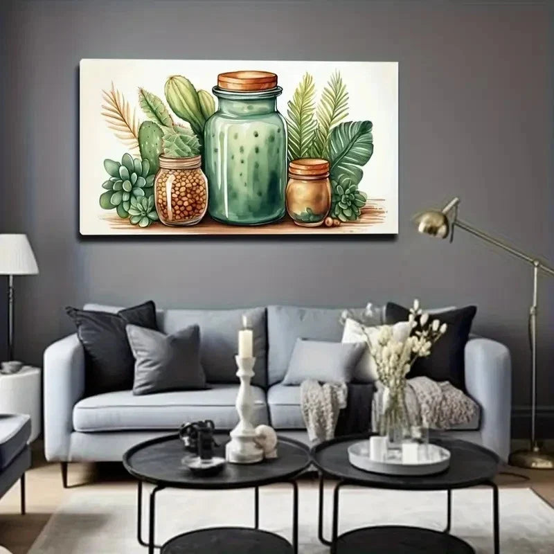 Bottle Succulents White Wall Art Canvas Office Home Room Framed 80x45cm