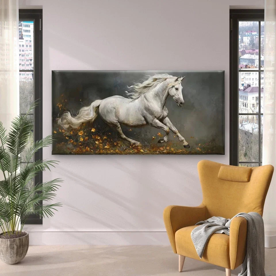 Stallion with Golden Leaves Wall Art Canvas Office Home Room Framed 80x45cm