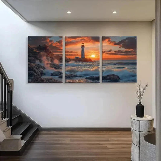 3pcs Lighthouse Sunset Ocean Coastal Perfect Wall Art Set Canvas Framed 40x60cm - High Quality Print 100% Australian Made Wall Canvas Ready to Hang