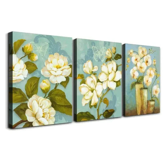 3pcs Teal Background & White Flowers Wall Art Set Canvas Framed 40x60cm - High Quality Print 100% Australian Made Wall Canvas Ready to Hang