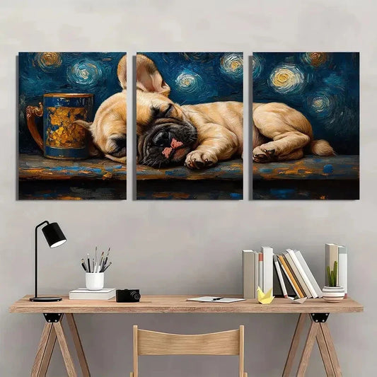 3pcs Bulldog Sleeping Van Gogh Starry Night Metal Print Ready to Hang Art
