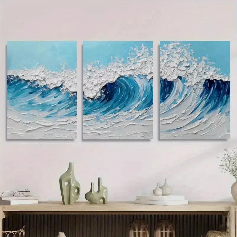 3pcs Abstract Ocean Art, Blue Coastal Metal Print Ready to Hang Art'