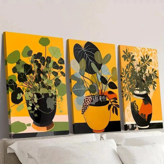 3pcs Green Leaves Plant Pot Painting Wall Art Set Canvas Framed 40x60cm - High Quality Print 100% Australian Made Wall Canvas Ready to Hang