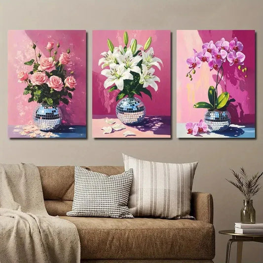 3pcs Vintage Pink Vibrant Botanical Floral Metal Print Ready to Hang Art