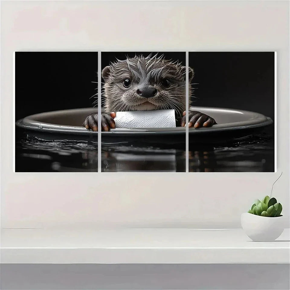 3pcs Charming Otter with Toilet Paper Black White Metal Print Ready to Hang Art