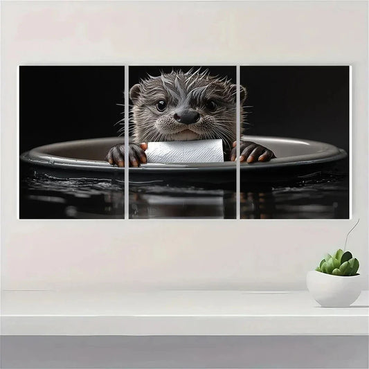 3pcs Charming Otter with Toilet Paper Black White Metal Print Ready to Hang Art