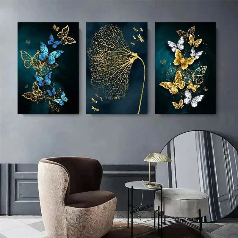 3pcs Butterfly & Golden Dandelion Blue & Golden Metal Print Ready to Hang Art