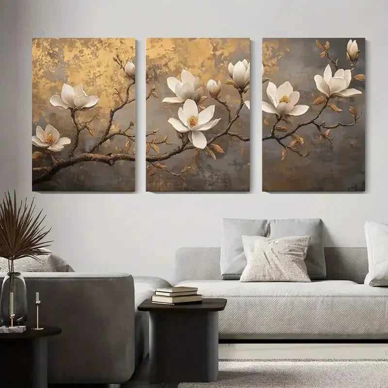 3pcs Elegant White Magnolia Flowers with Golden Metal Print Ready to Hang Art