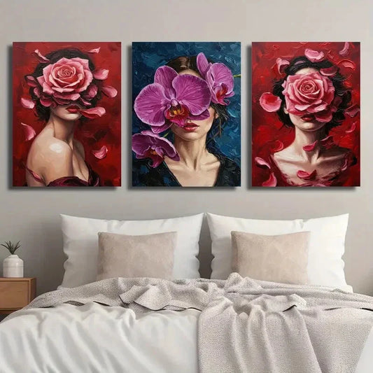3pcs Colorful Botanical Floral Girl Female Art Metal Print Ready to Hang Art