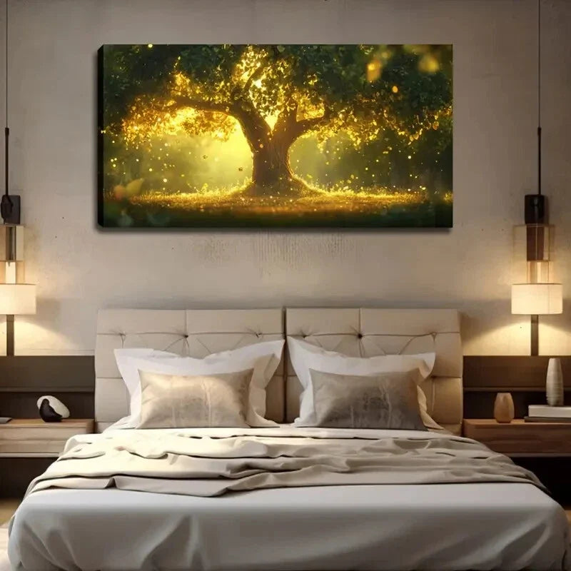 Golden Tree with Sunlit Leaves Wall Art Canvas Office Home Room Framed 80x45cm