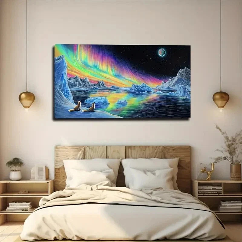 Vibrant Aurora Borealis Bear Wall Art Canvas Office Home Room Framed 120x60cm