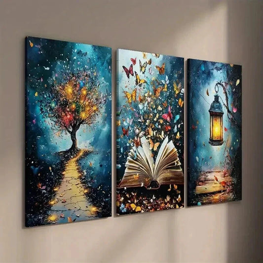 3pcs Enchanting Book with Fluttering Butterflies Wall Art Set Canvas Framed 40x60cm - High Quality Print 100% Australian Made Wall Canvas Ready to Hang