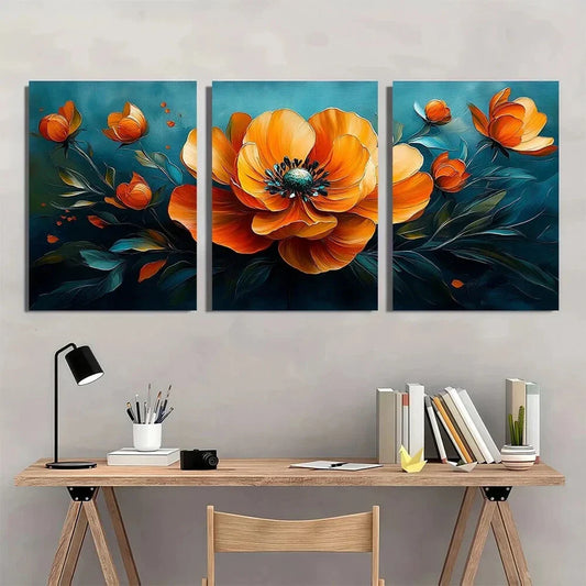 3pcs Vibrant Flower Colourful Orange Leaves Metal Print Ready to Hang Art