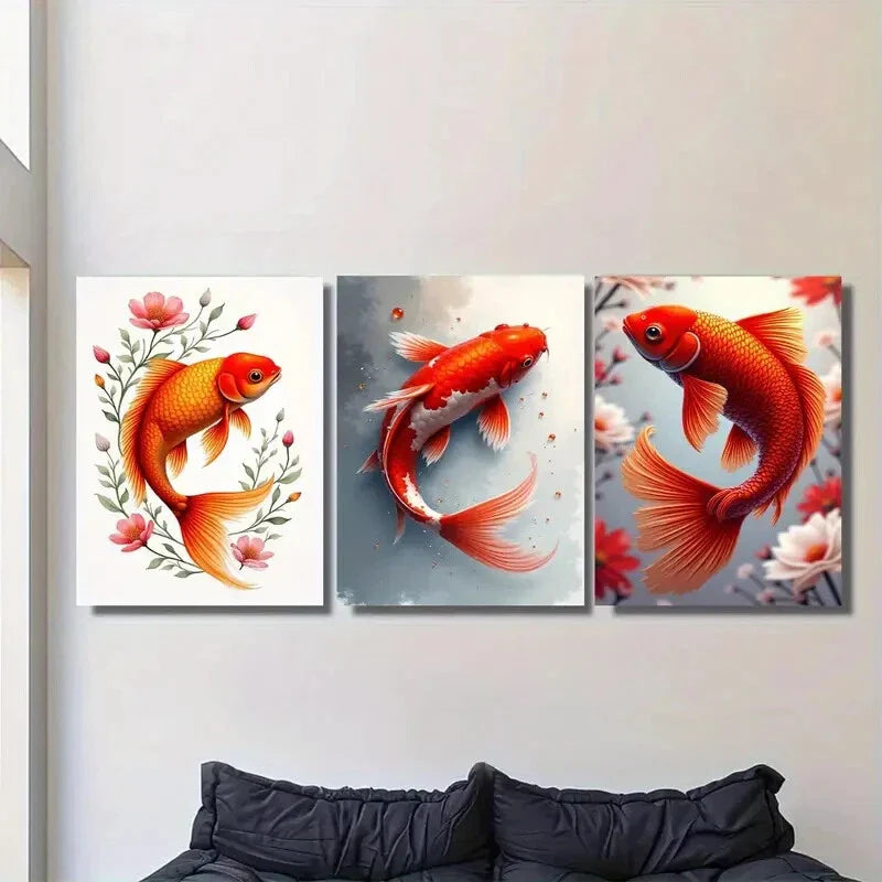 3pcs Elegant Koi Fish Vintage Goldfish Vibrant Metal Print Ready to Hang Art