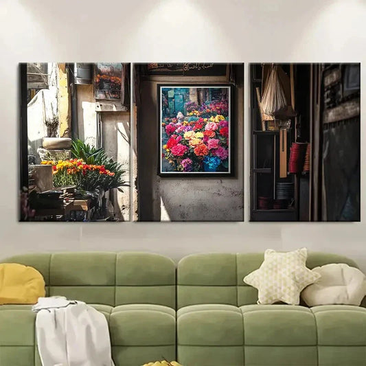 3pcs Vibrant Flower Colorful Bouquet Modern Metal Print Ready to Hang Art