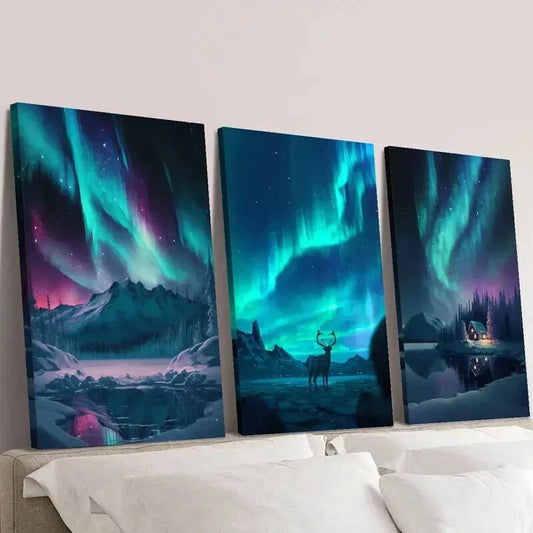 3pcs Arctic Night Scene with Auroras And Deer Wall Art Set Canvas Framed 40x60cm - High Quality Print 100% Australian Made Wall Canvas Ready to Hang