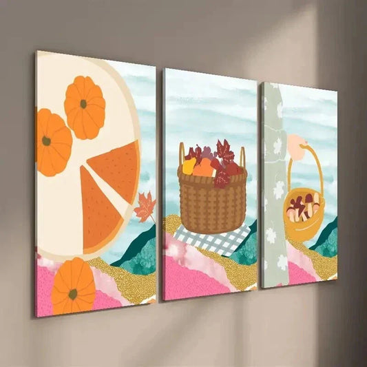 3pcs Autumn Leaves Fruit Basket Illustration Wall Art Set Canvas Framed 40x60cm - High Quality Print 100% Australian Made Wall Canvas Ready to Hang
