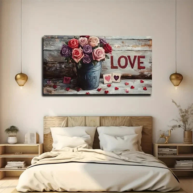 Vibrant Rose Bouquet Bucket Wall Art Canvas Office Home Room Framed 120x60cm