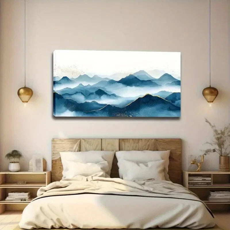 Teal Blue Mountains & Snow Wall Art canvas office home room framed 120x60cm