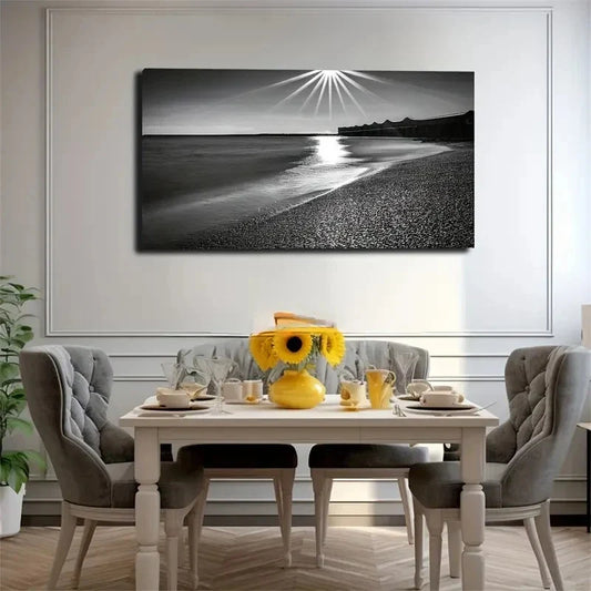 Black And White Beach Wall Art Canvas Office Home Room Framed 80x45cm