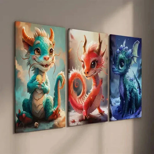 3pcs Cute Little Oriental Fantasy Dragon Wall Art Set Canvas Framed 40x60cm - High Quality Print 100% Australian Made Wall Canvas Ready to Hang
