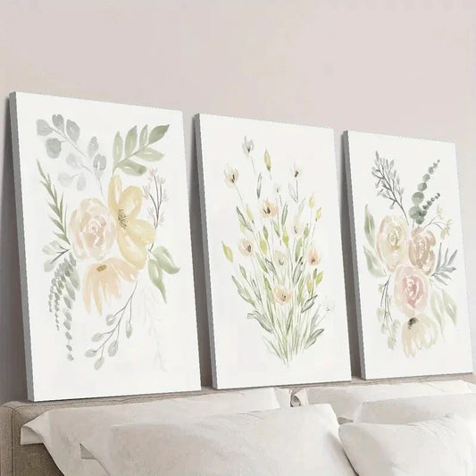 3pcs Watercolor Flower Painting with Plant Wall Art Set Canvas Framed 40x60cm - High Quality Print 100% Australian Made Wall Canvas Ready to Hang