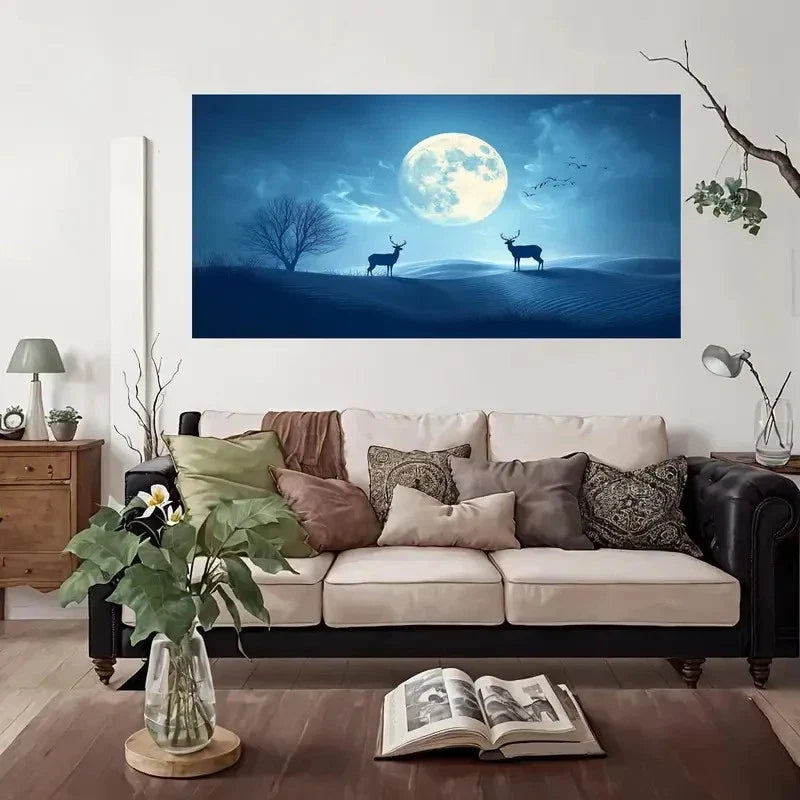 Two Deer Night Sky Wall Art Canvas Office Home Room Framed 80x45cm