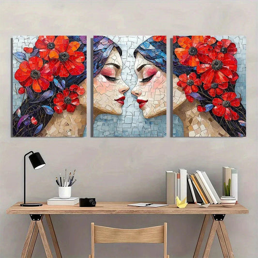 3pcs Vibrant Mosaic Colorful Floral and Abstract Metal Print Ready to Hang Art
