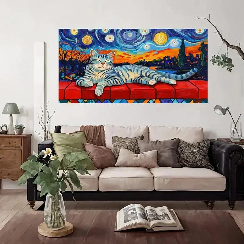 Starry Night Cat Modern Wall Art Canvas Office Home Room Framed 120x60cm