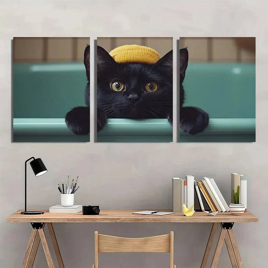 3pcs Black Cat Stunning Golden Eyes Metal Print Ready to Hang Art