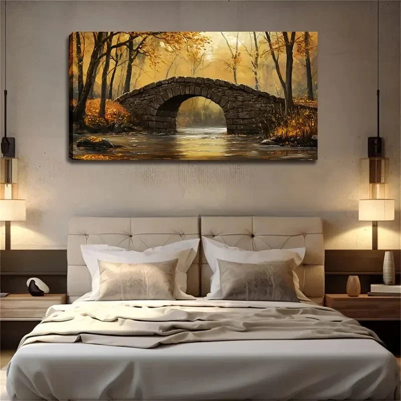 A Stone Bridge Spanning Stream Wall Art Canvas Office Home Room Framed 120x60cm