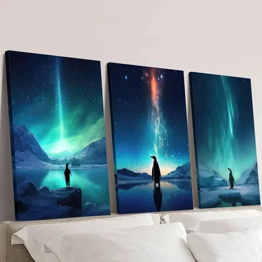 3pcs Penguins Under the Northern Lights Wall Art Set Canvas Framed 40x60cm - High Quality Print 100% Australian Made Wall Canvas Ready to Hang