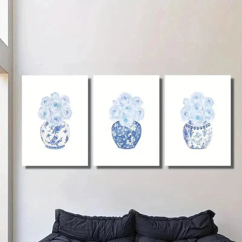 3pcs Blue and White Porcelain Rose Vase Wall Art Set Canvas Framed 40x60cm - High Quality Print 100% Australian Made Wall Canvas Ready to Hang