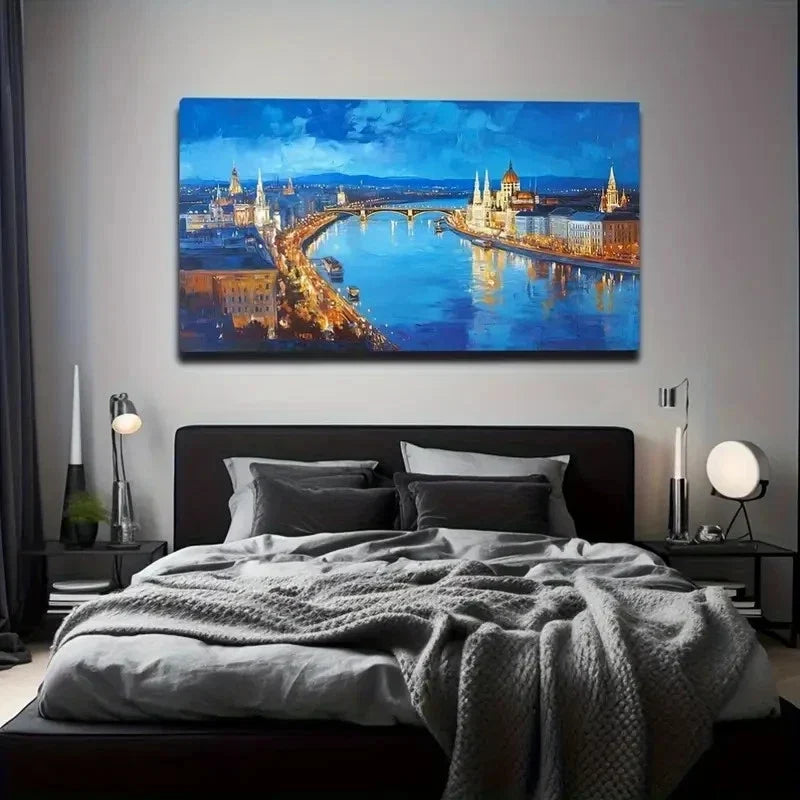 Vibrant Blue Sky And City River Wall Art Canvas Office Home Room Framed 80x45cm