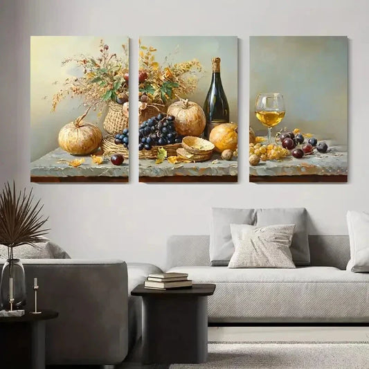 3pcs Autumn Still Life Grapes & Pumpkins Metal Print Ready to Hang Art