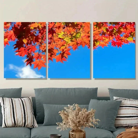 3pcs Colorful Fall Foliage with Blue Sky Vibrant Wall Art Set Canvas Framed 40x60cm - High Quality Print 100% Australian Made Wall Canvas Ready to Hang