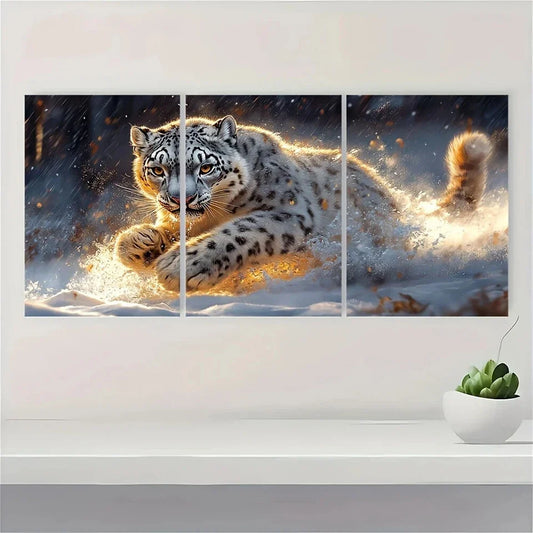 3pcs Animal Series Snow Leopard Pouncing Metal Print Ready to Hang Art