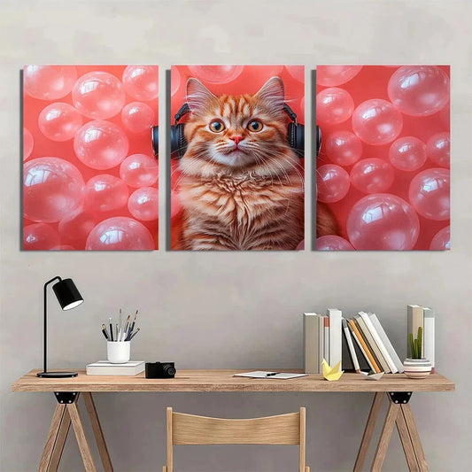 3pcs Cat with Headphones and Bubble Gum Metal Print Ready to Hang Art