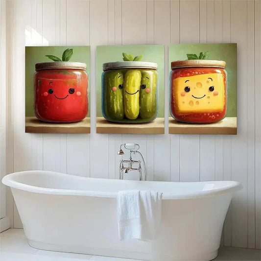 3pcs Cute Food Jar Playful Bright Perfect Wall Art Set Canvas Framed 40x60cm - High Quality Print 100% Australian Made Wall Canvas Ready to Hang