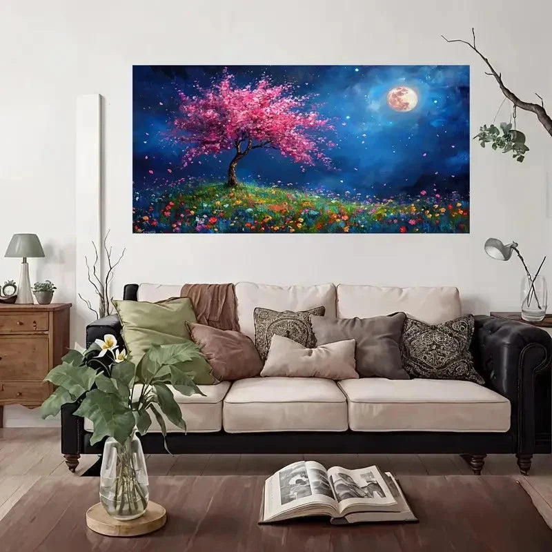 Moon Floral Tree Night Wall Art Canvas Office Home Room Framed 80x45cm