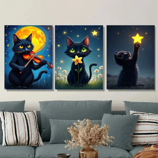 3pcs Charming Black Cat Triptych Moonlit Night Wall Art Set Canvas Framed 40x60cm - High Quality Print 100% Australian Made Wall Canvas Ready to Hang