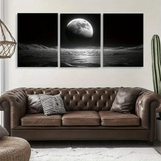 3pcs Black and White Moonlit Ocean Calm Perfect Wall Art Set Canvas Framed 40x60cm - High Quality Print 100% Australian Made Wall Canvas Ready to Hang