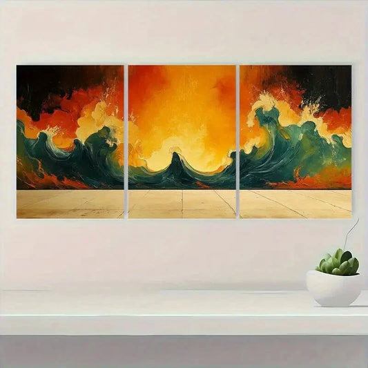 3pcs Vibrant Orange Green & Black Ocean Waves Metal Print Ready to Hang Art